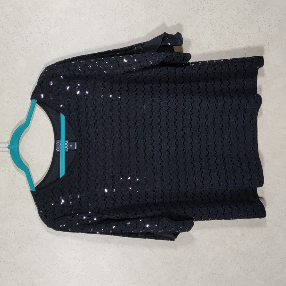 D164 Clara Sun Woo black S/S knit blouse w/sparkle M FINAL PRICE